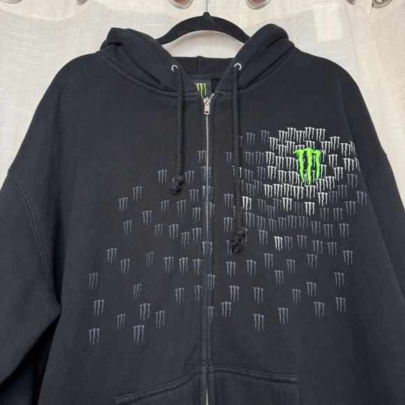 Vintage Y2K Monster Energy Zip Up Hoodie Embroidered Logo Graphic Print Black XL